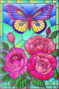 Butterfly Blooming Roses from Flowers and Butterflies in Stained Glass Coloring Book, colored by a ColoringBits reader