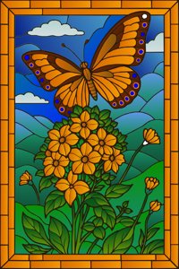 Butterfly Over Meadow Blossoms from Flowers and Butterflies in Stained Glass Coloring Book, colored by a ColoringBits reader