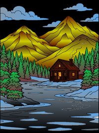 Alpine Lake Cabin from Dream Tiny Homes Around the World Coloring Book, colored by a ColoringBits reader