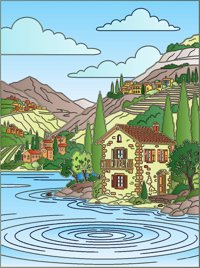 Peaceful Lake Villa from Dream Tiny Homes Around the World Coloring Book, colored by a ColoringBits reader