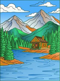Alpine Lake Cabin from Dream Tiny Homes Around the World Coloring Book, colored by a ColoringBits reader