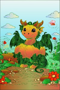 Pumpkin Dragon from Whimsical Plant Creatures: A Fantasy Coloring Book, colored by a ColoringBits reader